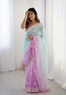 Purple Embroidered Chiffon Saree Set