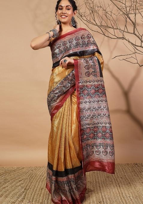 Yellow Printed Silk Saree Set