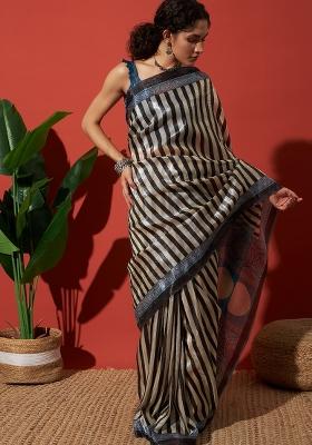 Black Printed Silk Saree Set