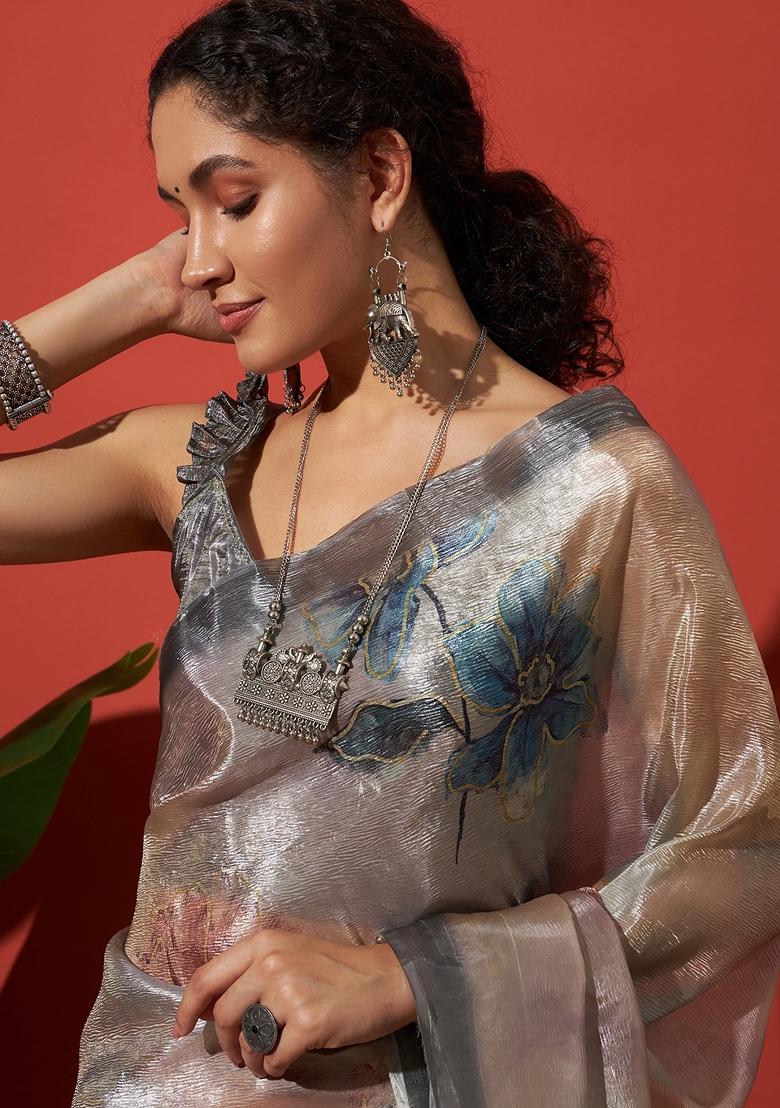 Grey Printed Silk Saree Set - Indya