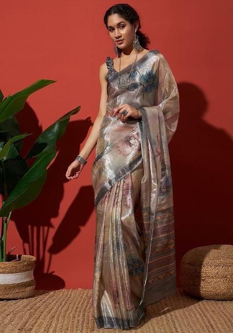 Grey Printed Silk Saree Set