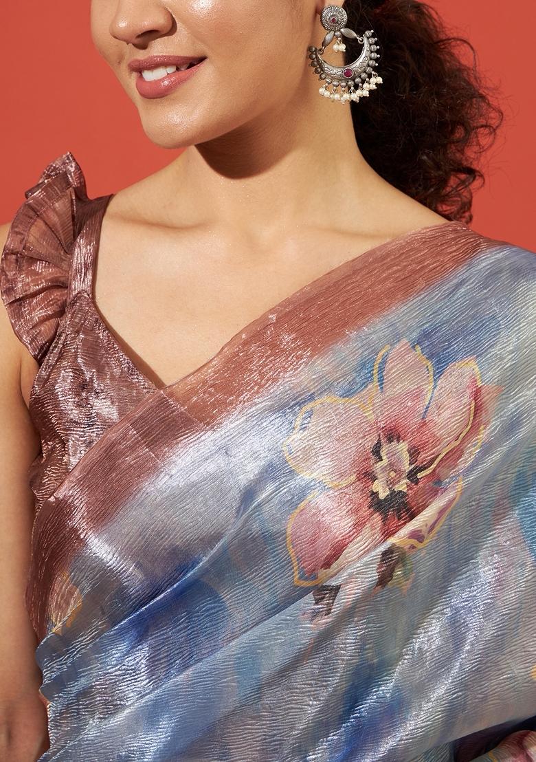 Blue Printed Silk Saree Set - Indya