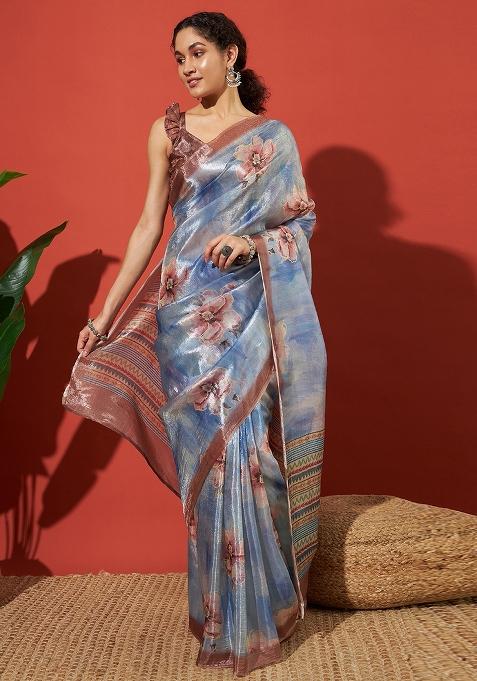 Blue Printed Silk Saree Set