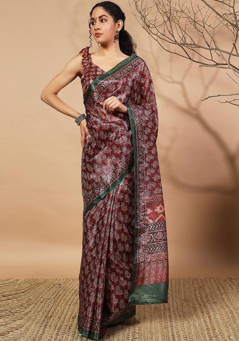 Maroon Printed Silk Saree Set