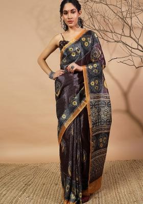 Purple Printed Silk Saree Set