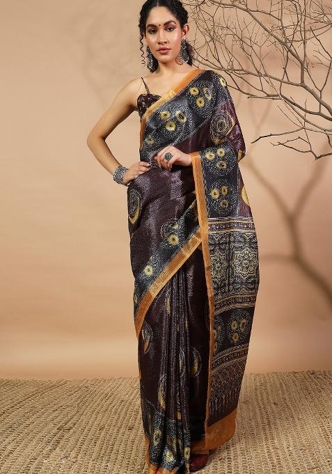 Purple Printed Silk Saree Set