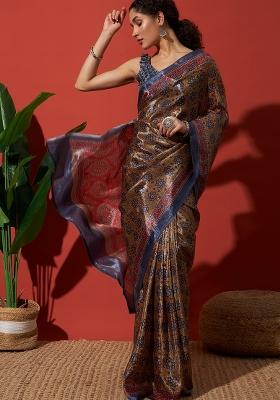 Brown Printed Silk Saree Set