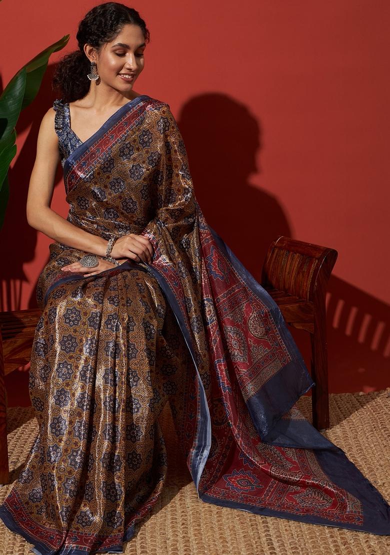 Brown Printed Silk Saree Set - Indya