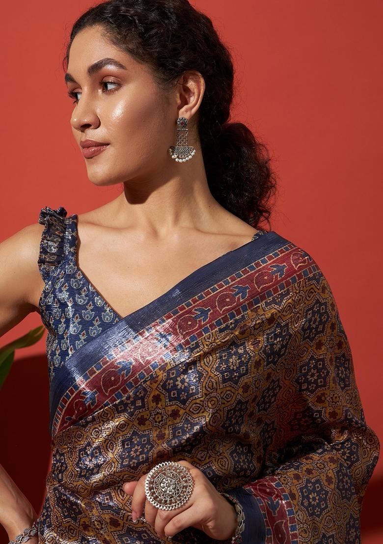 Brown Printed Silk Saree Set - Indya