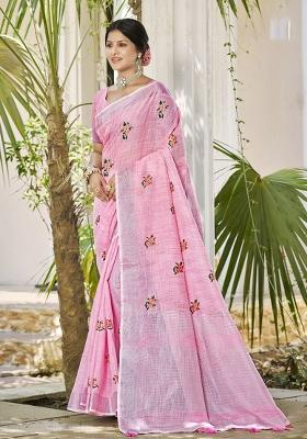 Pink Embroidered linen Saree Set