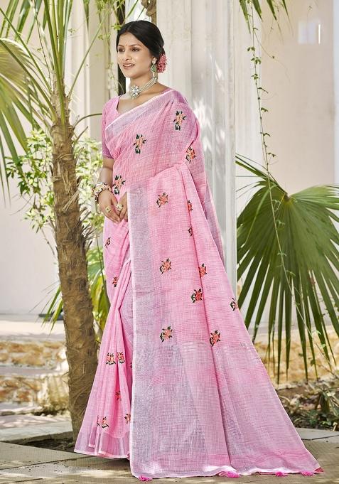 Pink Embroidered linen Saree Set
