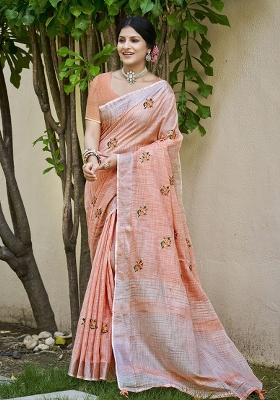 Peach Embroidered linen Saree Set