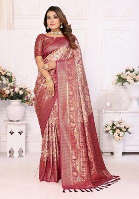 Maroon Embroidered Silk Saree Set