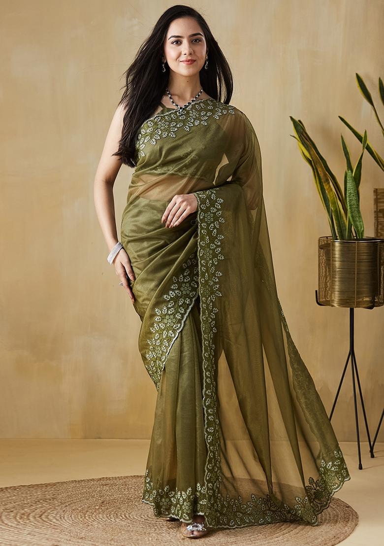 Green Embroidered Silk Saree Set