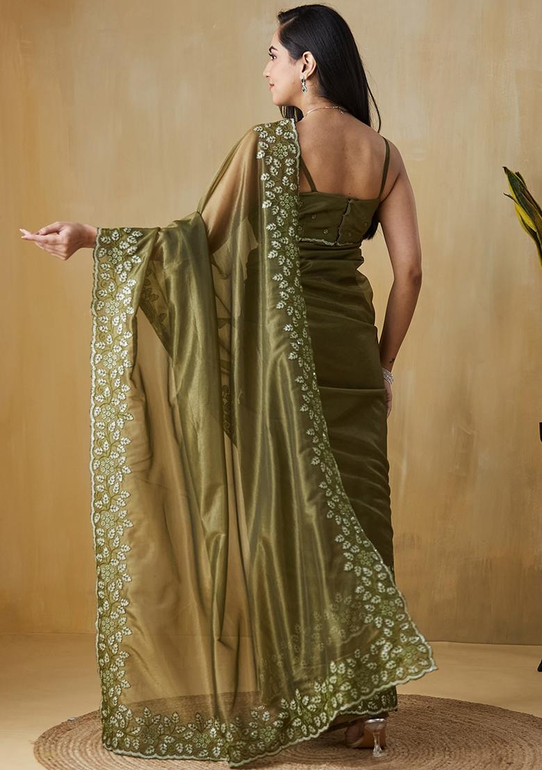 Green Embroidered Silk Saree Set