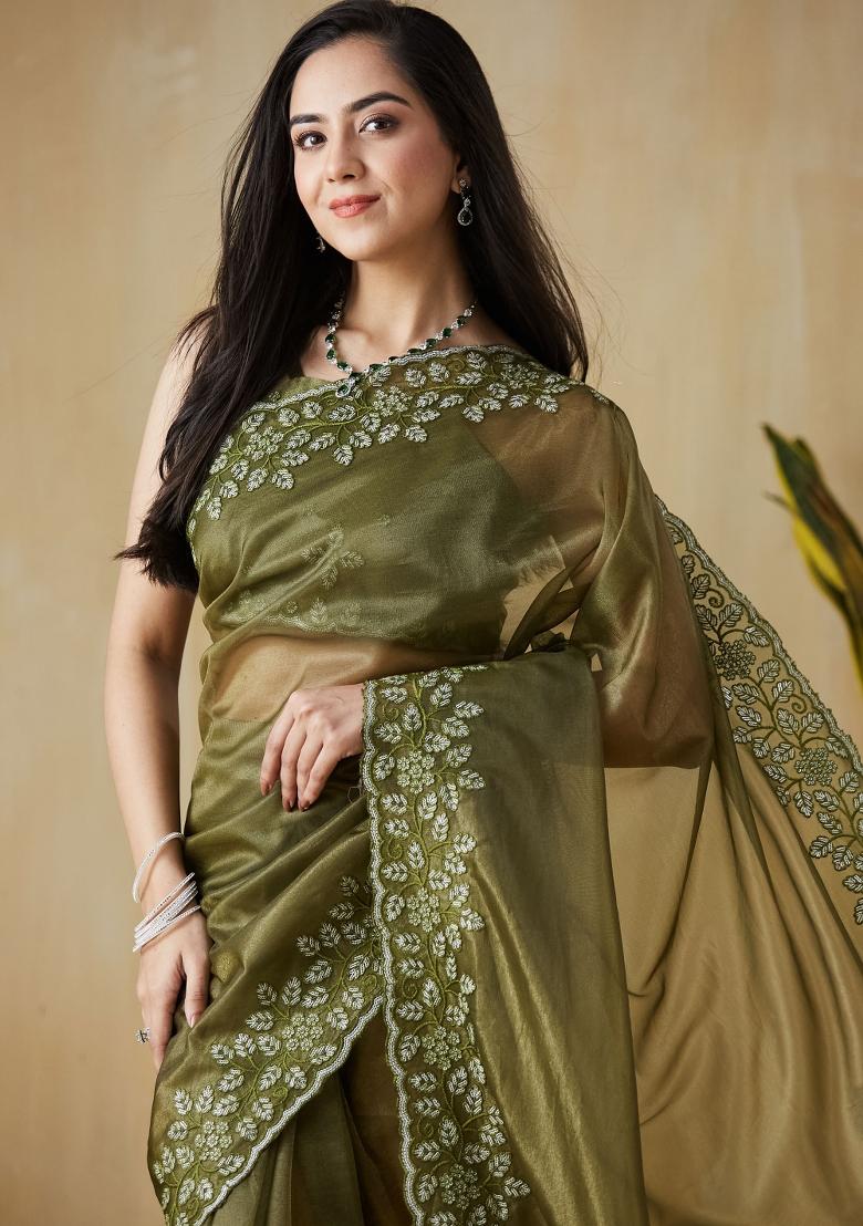 Green Embroidered Silk Saree Set
