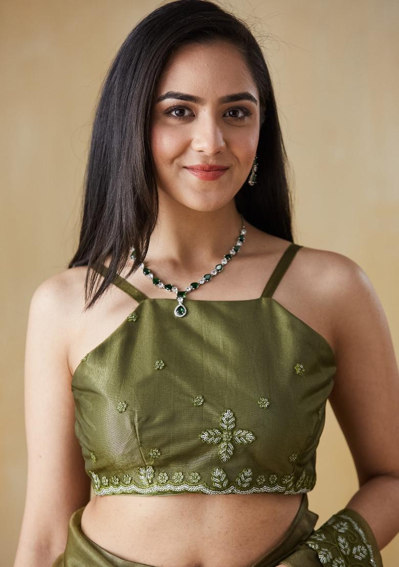 Green Embroidered Silk Saree Set