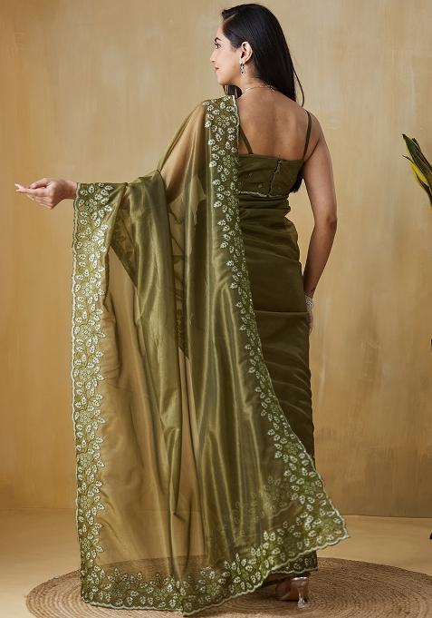 Green Embroidered Silk Saree Set