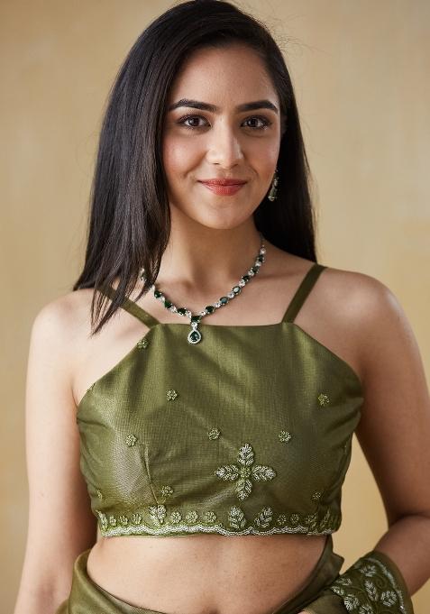 Green Embroidered Silk Saree Set