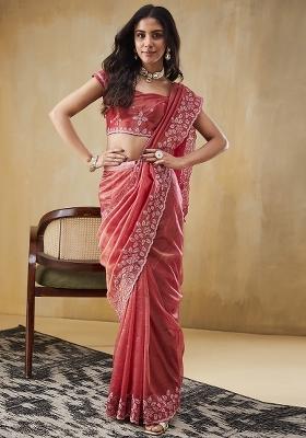 Pink Embroidered Silk Saree Set