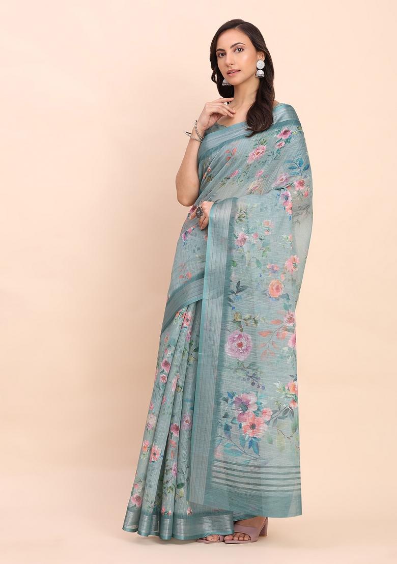 Green Embroidered Cotton Saree Set - Indya