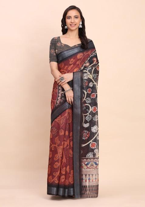 Maroon Embroidered Cotton Saree Set