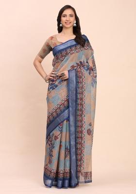 Blue Embroidered Cotton Saree Set