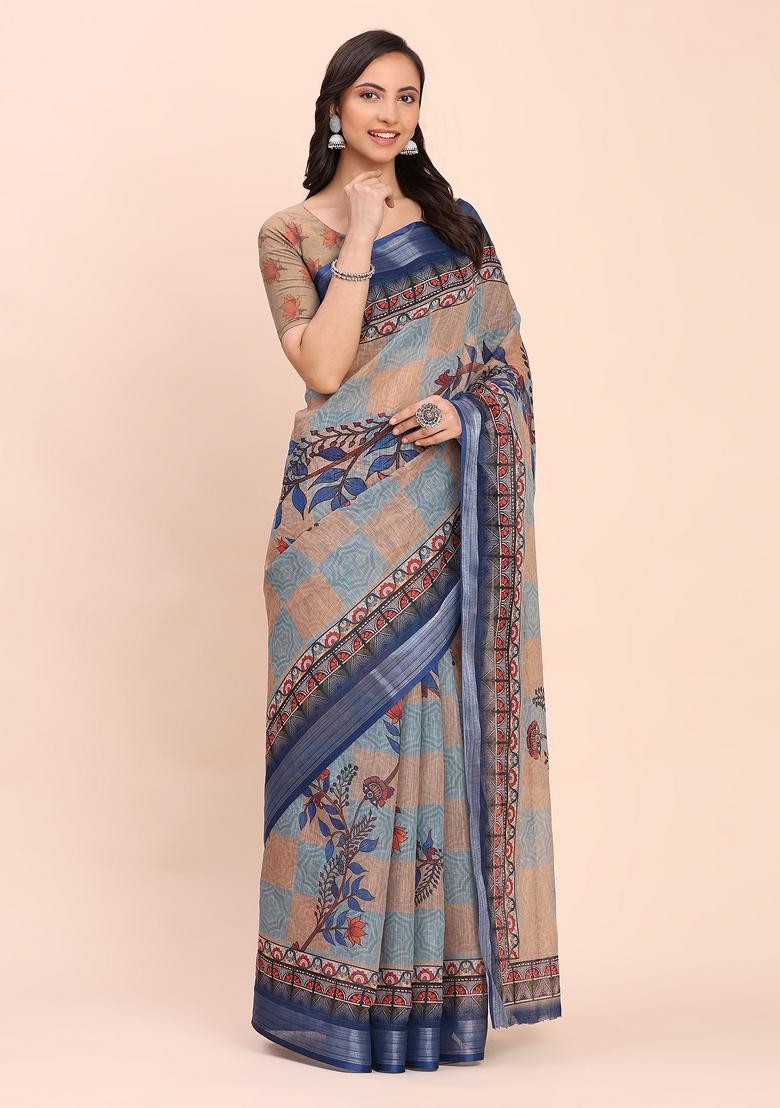 Blue Embroidered Cotton Saree Set - Indya
