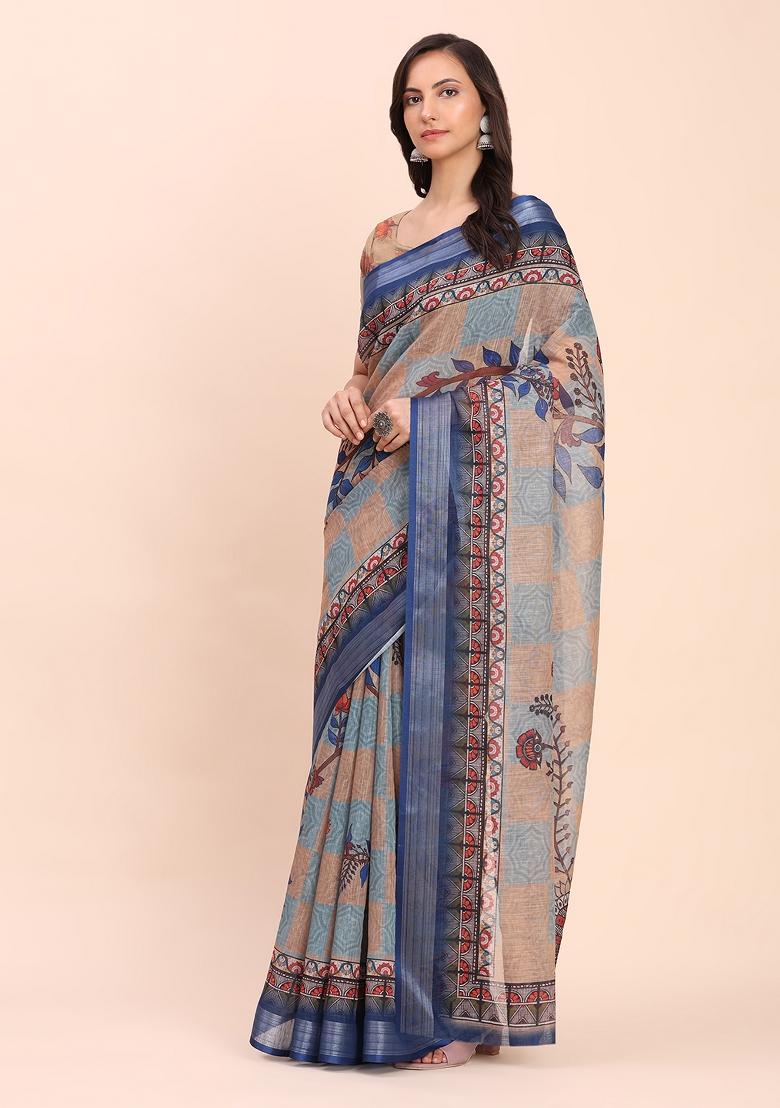 Blue Embroidered Cotton Saree Set - Indya
