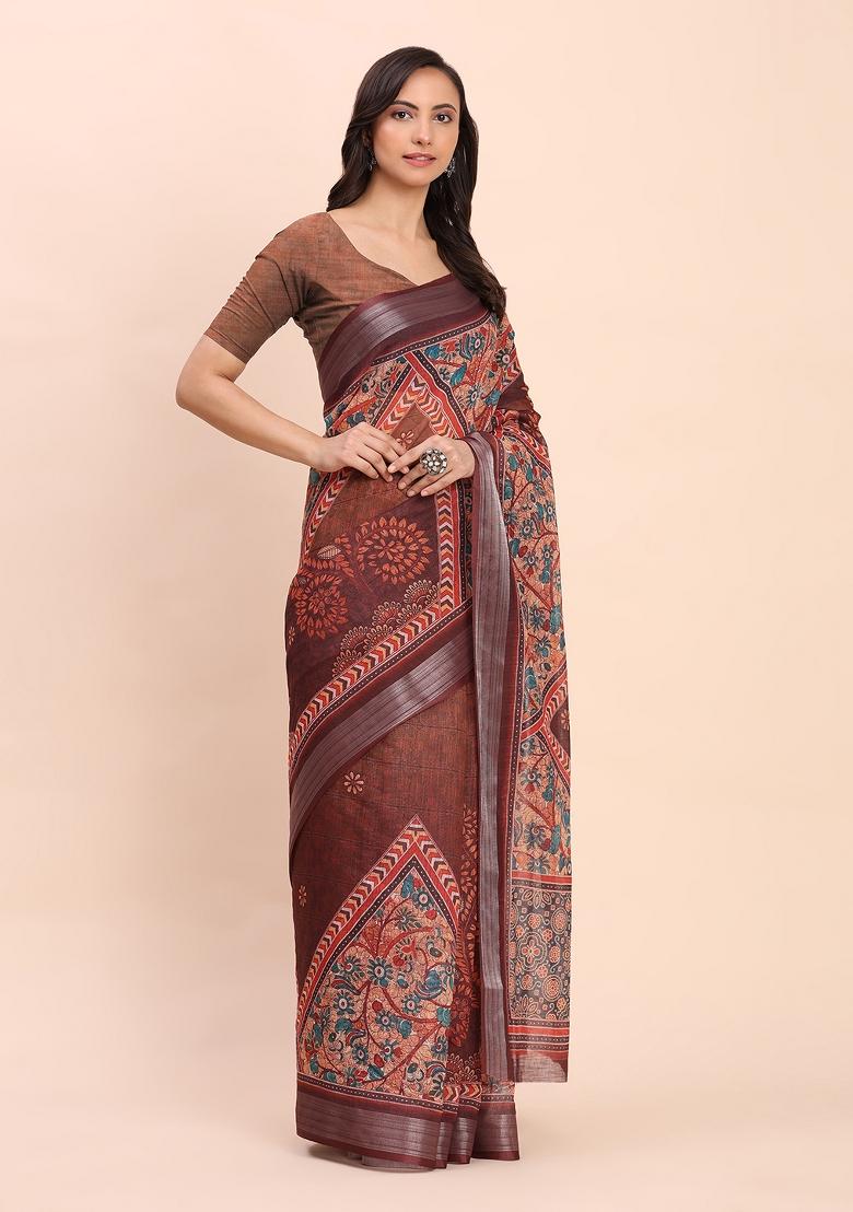 Brown Embroidered Cotton Saree Set - Indya