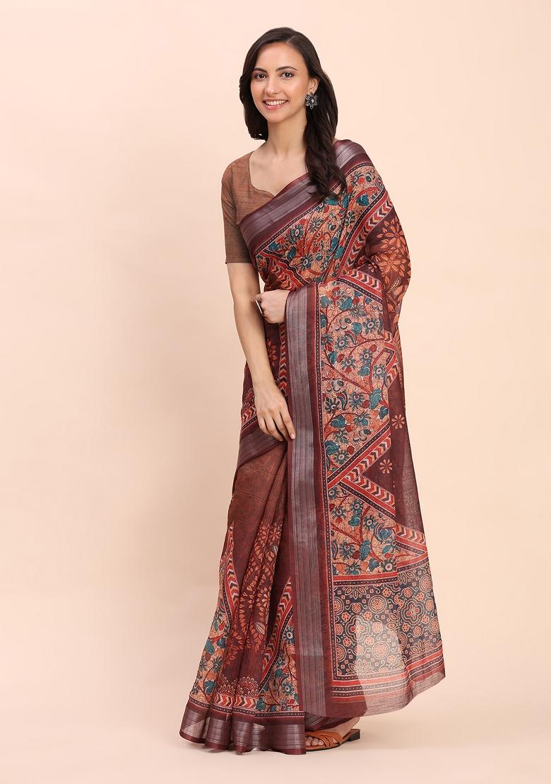 Brown Embroidered Cotton Saree Set - Indya