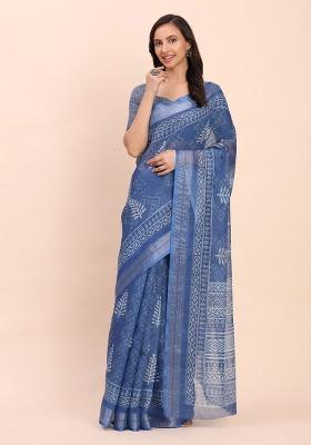Blue Embroidered Cotton Saree Set