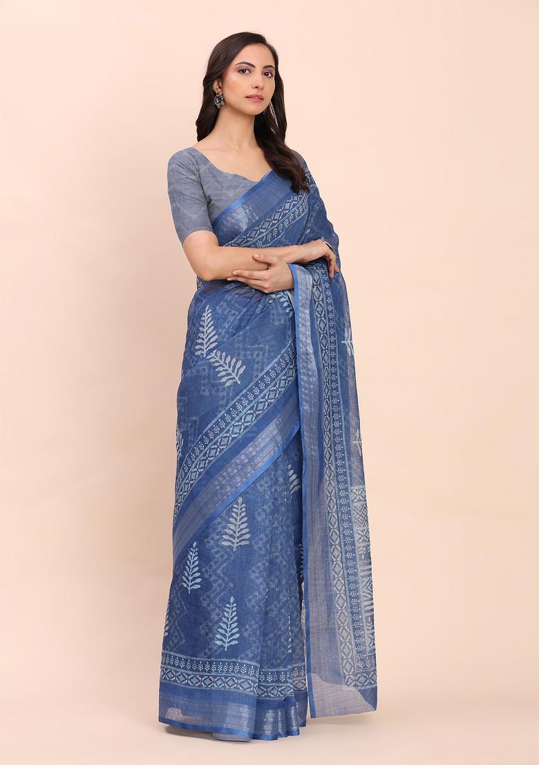 Blue Embroidered Cotton Saree Set - Indya