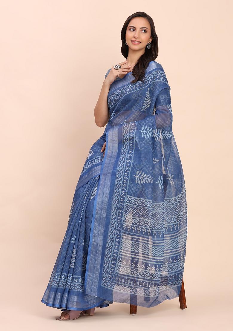 Blue Embroidered Cotton Saree Set - Indya