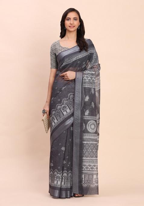 Black Embroidered Cotton Saree Set