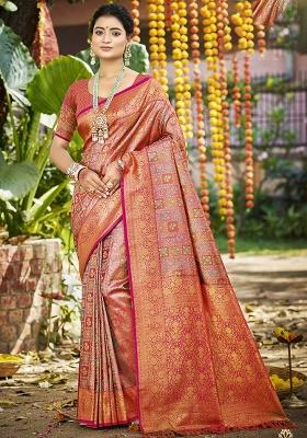 Pink Embroidered Silk Saree Set