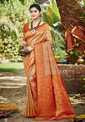 Orange Embroidered Silk Saree Set