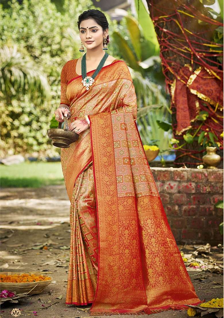 Orange Embroidered Silk Saree Set - Indya