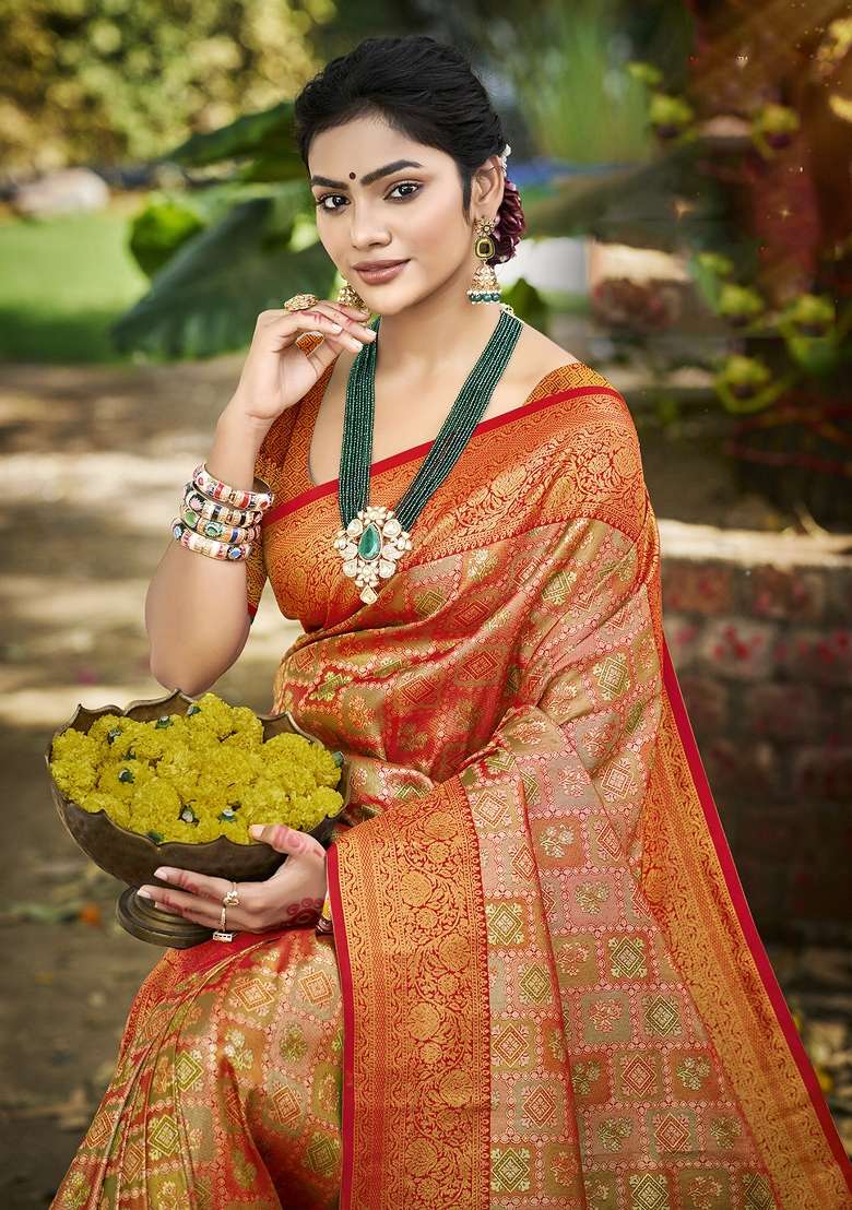 Orange Embroidered Silk Saree Set - Indya