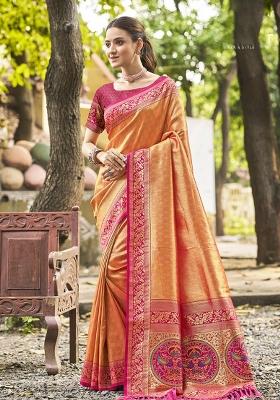 Orange Embroidered Silk Saree Set