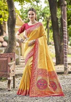 Yellow Embroidered Silk Saree Set