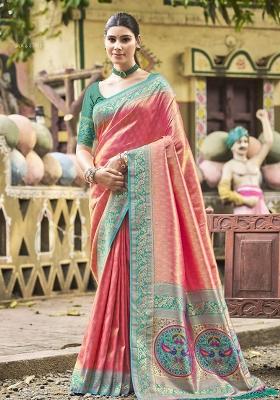 Pink Embroidered Silk Saree Set