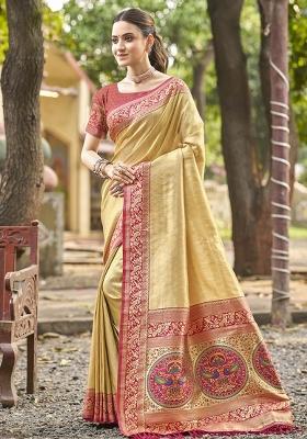 Yellow Embroidered Silk Saree Set