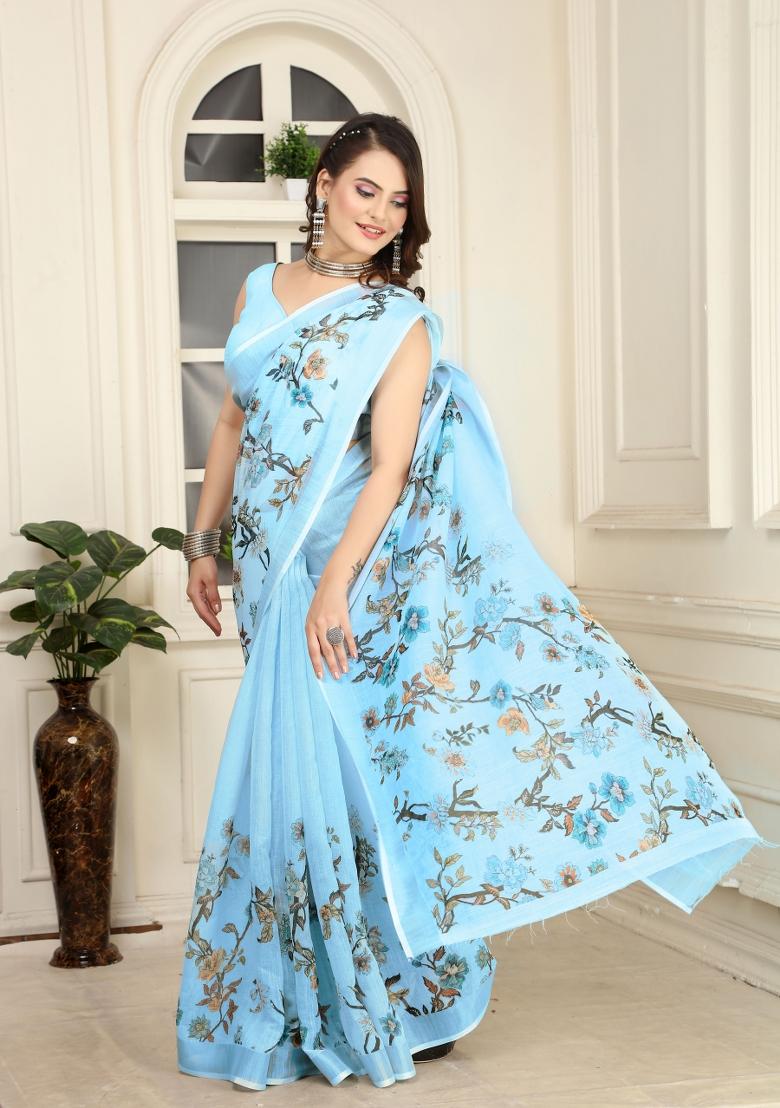 Green Printed Cotton Saree Set - Indya