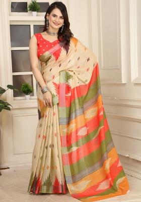 Beige Printed Cotton Saree Set