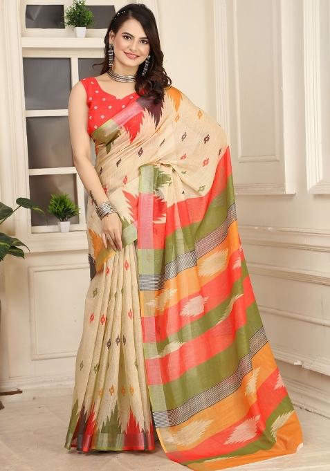 Beige Printed Cotton Saree Set