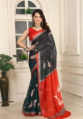 Black Printed Cotton Saree Set