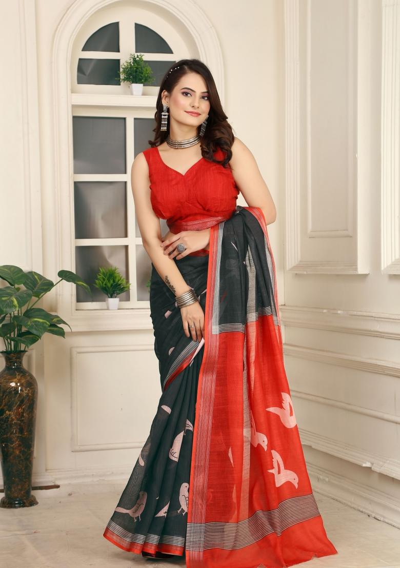 Black Printed Cotton Saree Set - Indya