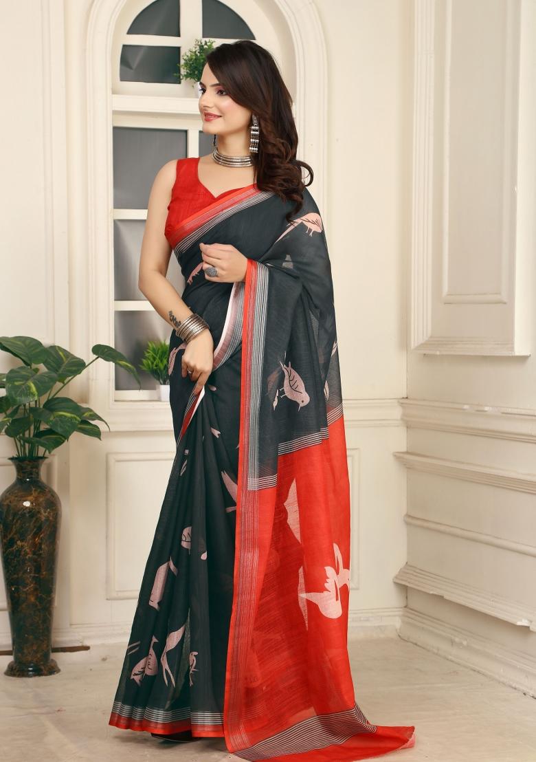 Black Printed Cotton Saree Set - Indya