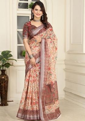 Beige Printed Cotton Saree Set